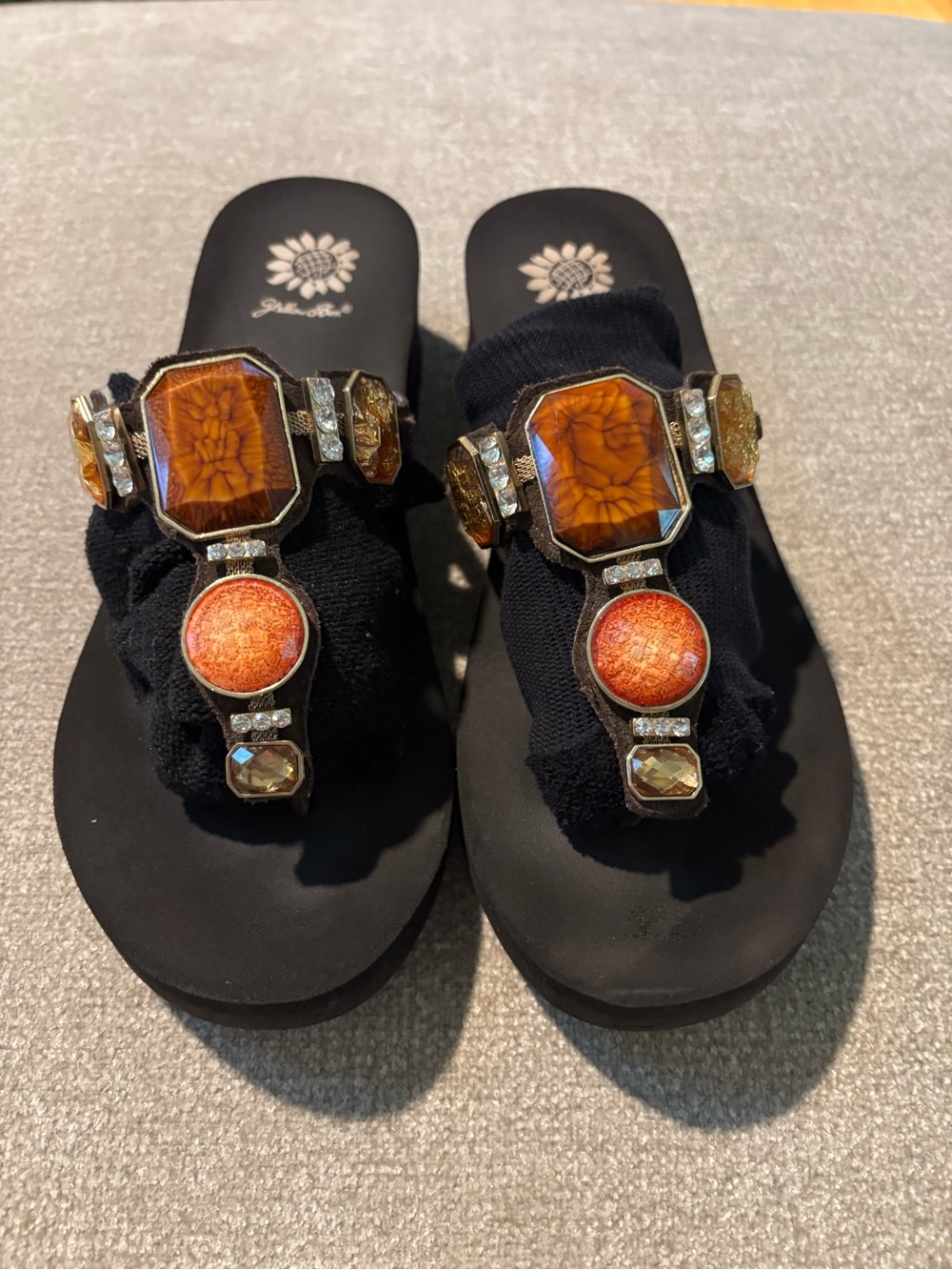 Yellow Box Black Thong Sandal with Amber Gem Size 10